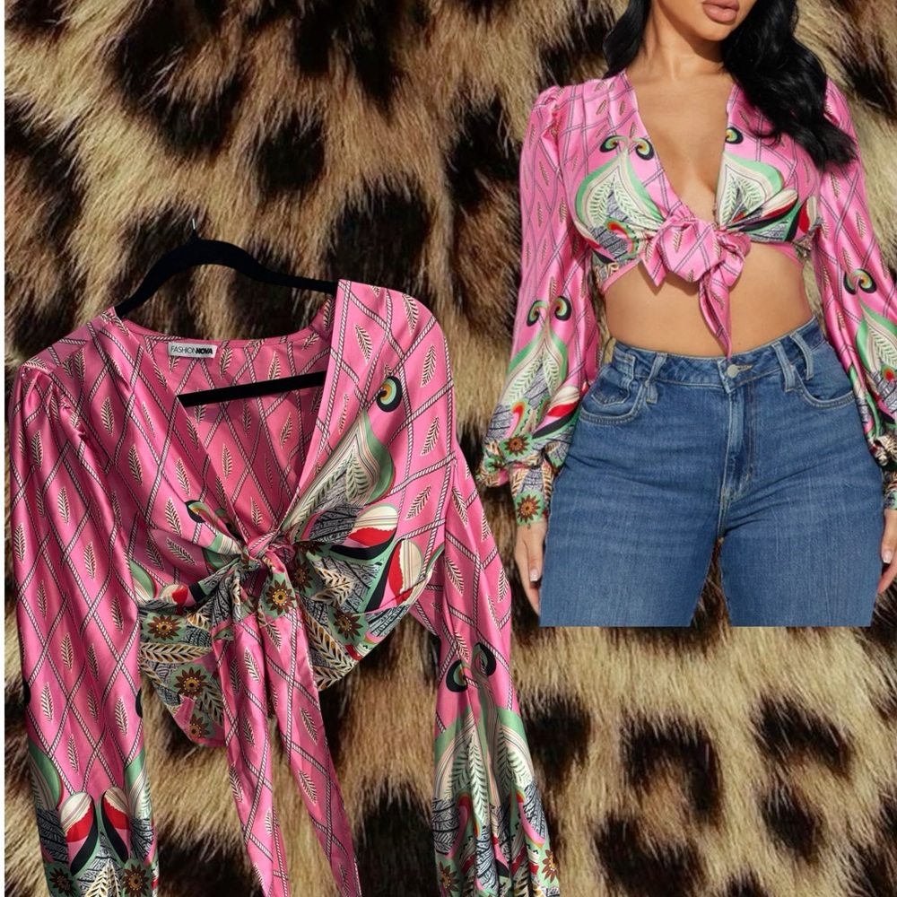(SIZE M) Fashion Nova Art Deco Blouse Top - Pink/combo